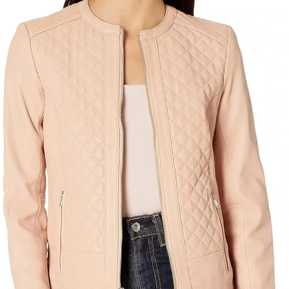 COLE HAAN Women's Jewel Neck Quilted Leather Jacket - Picture 14 of 14